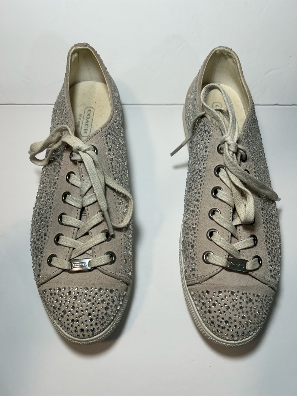 Coach Beige Crystal-Embellished Lace-Up Sneakers Size 8.5